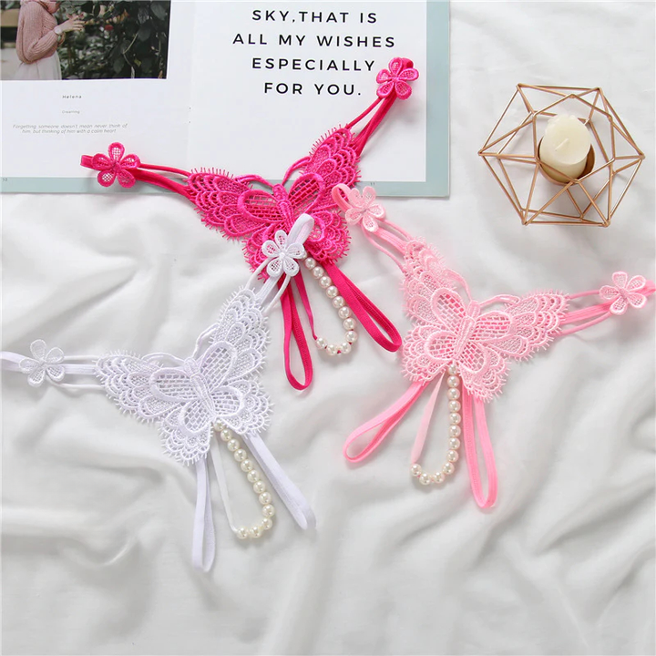 Embroidered Pearl Lace Thong