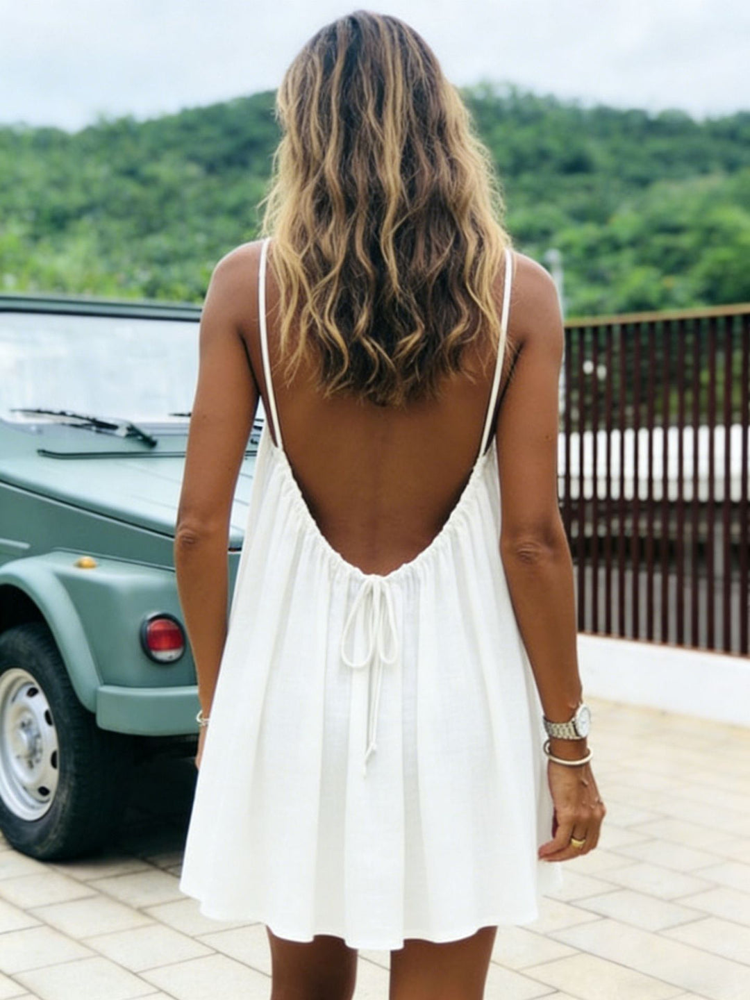 Sunlit Whisper Backless Mini Dress