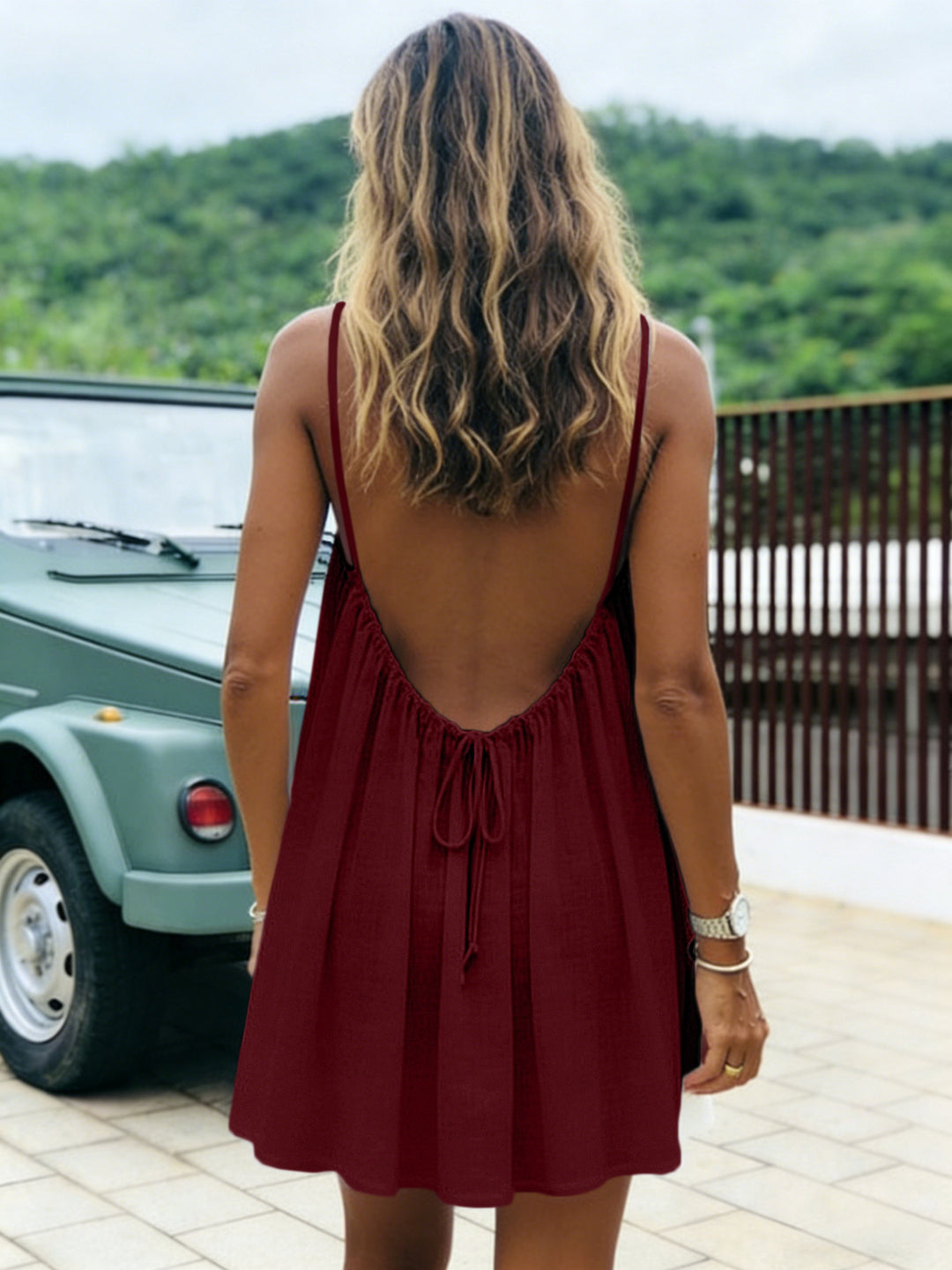 Sunlit Whisper Backless Mini Dress