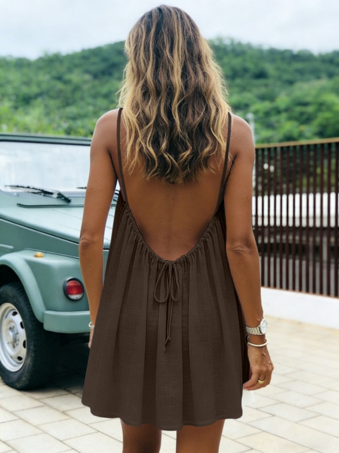 Sunlit Whisper Backless Mini Dress