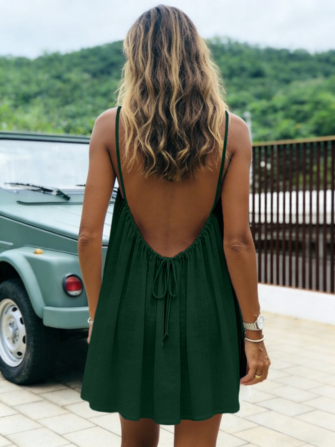Sunlit Whisper Backless Mini Dress