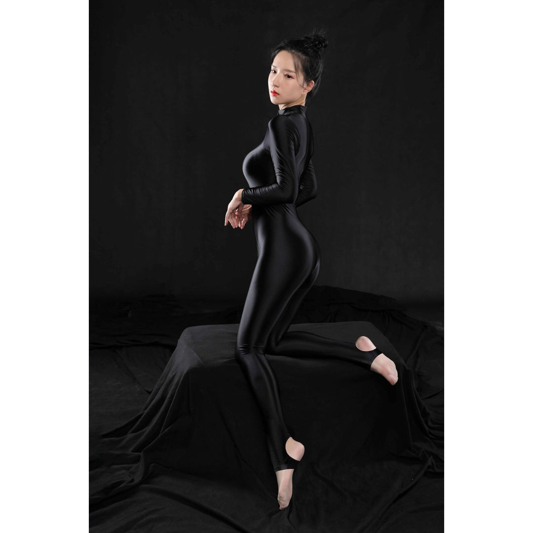 Shiny Zippered Long Sleeve Catsuit - Stirrup & Open Feet