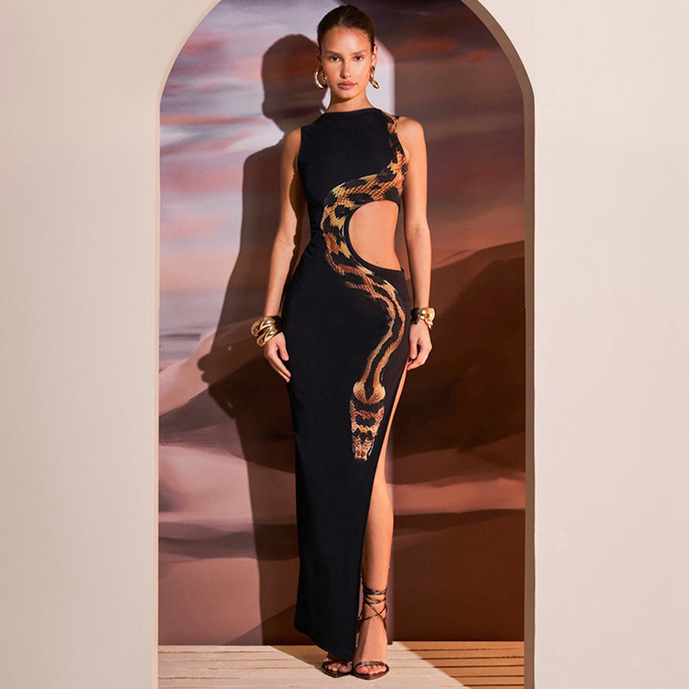 Snake Print Side Cutout Maxi Dress