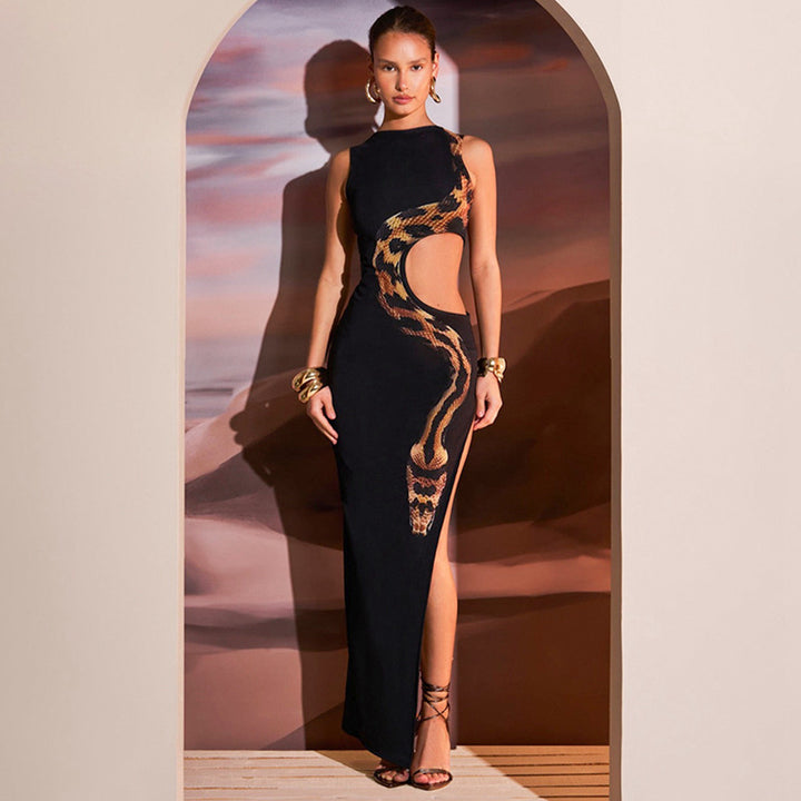 Snake Print Side Cutout Maxi Dress