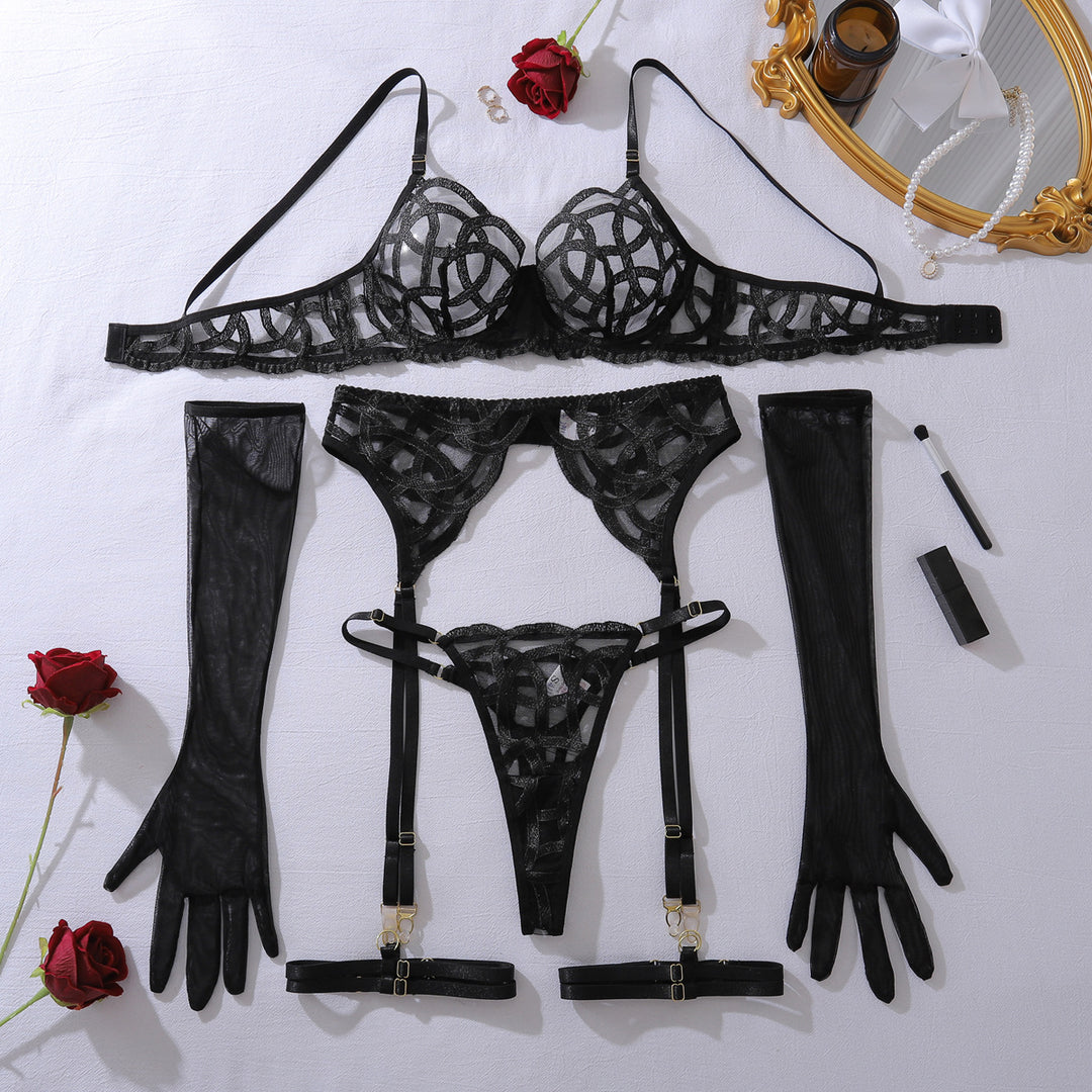 Opulent Embroidered Sheer Garter Lingerie Set