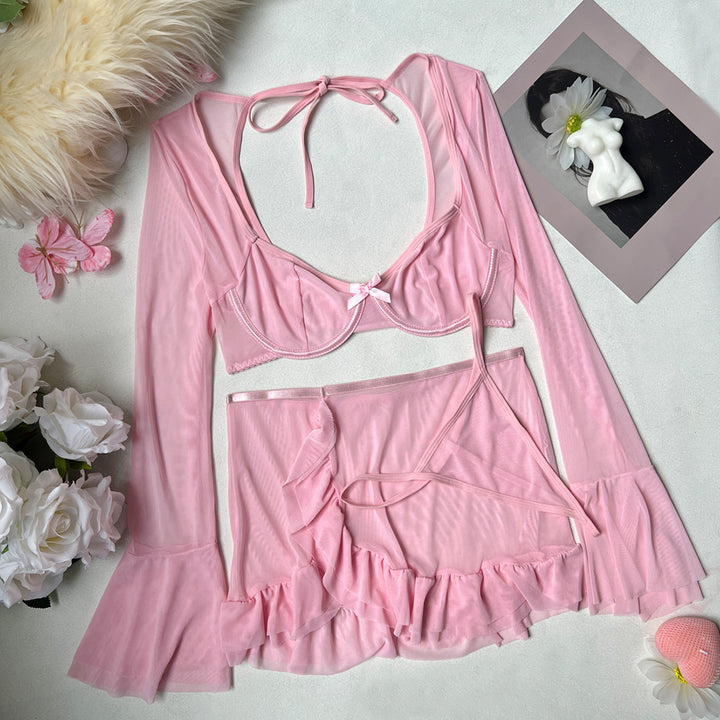 Pink Sheer Mesh Ribbon Lingerie Set