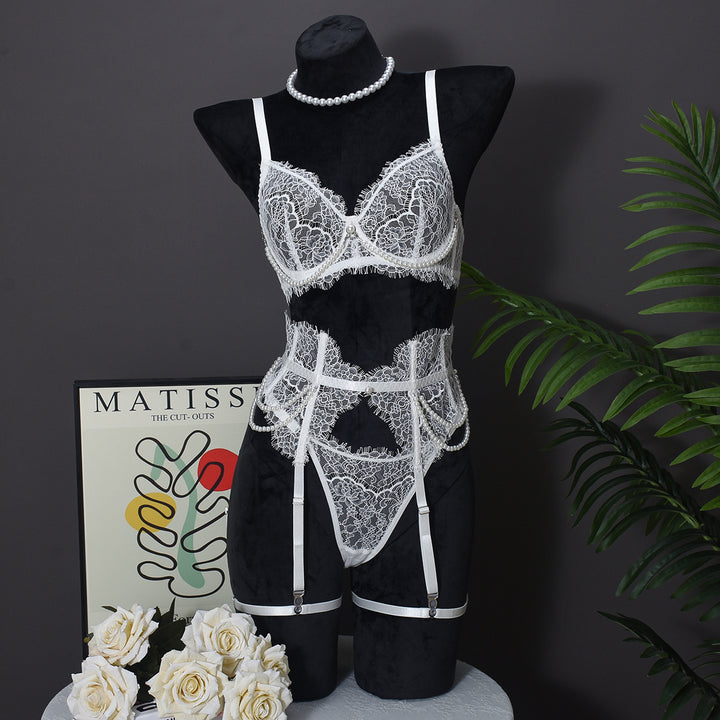 Pearl Lace Boned Corset Lingerie Set