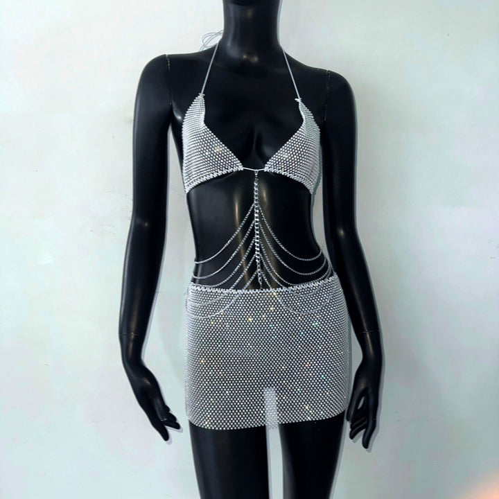 Rhinestone Mini Skirt Set