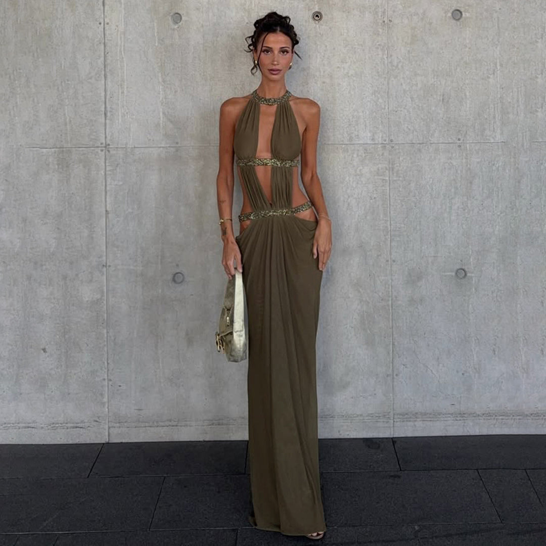 Halter Deep V Cutout Maxi Dress