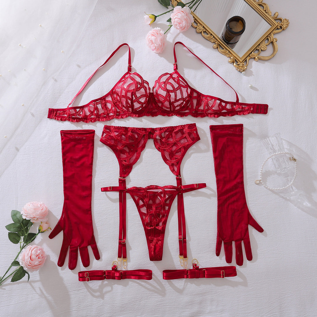 Opulent Embroidered Sheer Garter Lingerie Set