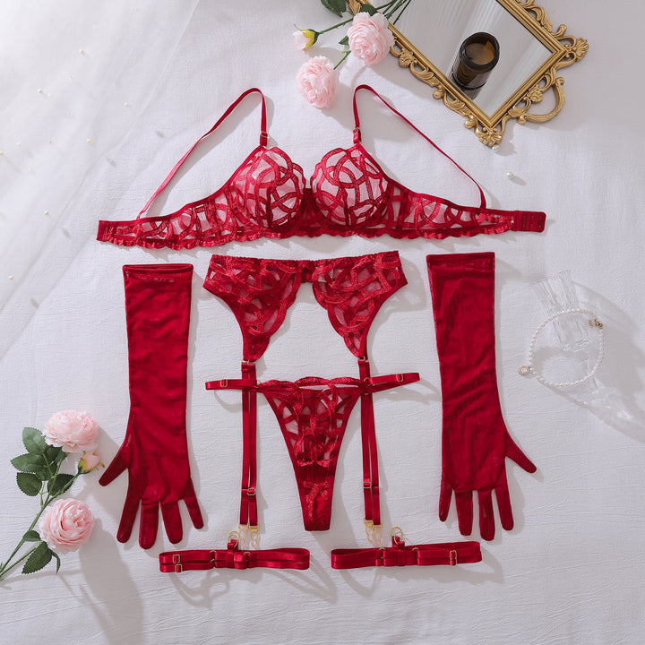 Opulent Embroidered Sheer Garter Lingerie Set