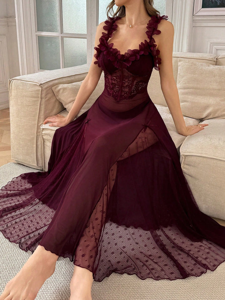 Floral Appliqué Sheer Maxi Nightdress