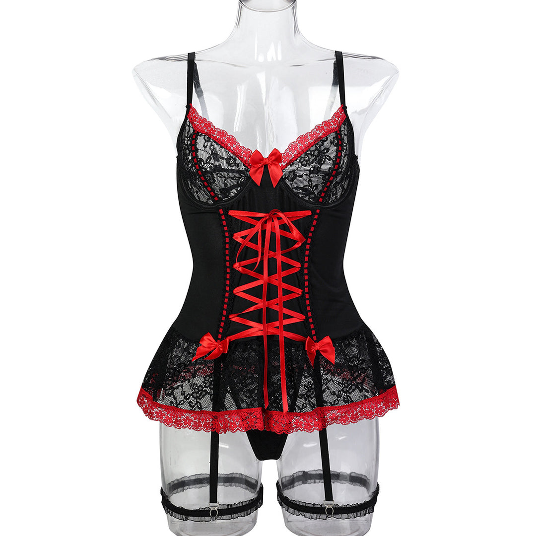 Lace Cross Strap Bow Lingerie Set