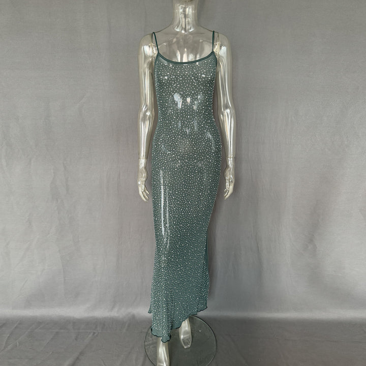 Rhinestone Sheer Mesh Maxi Dress