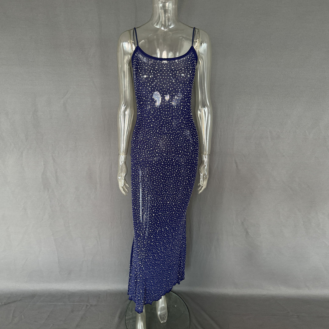 Rhinestone Sheer Mesh Maxi Dress