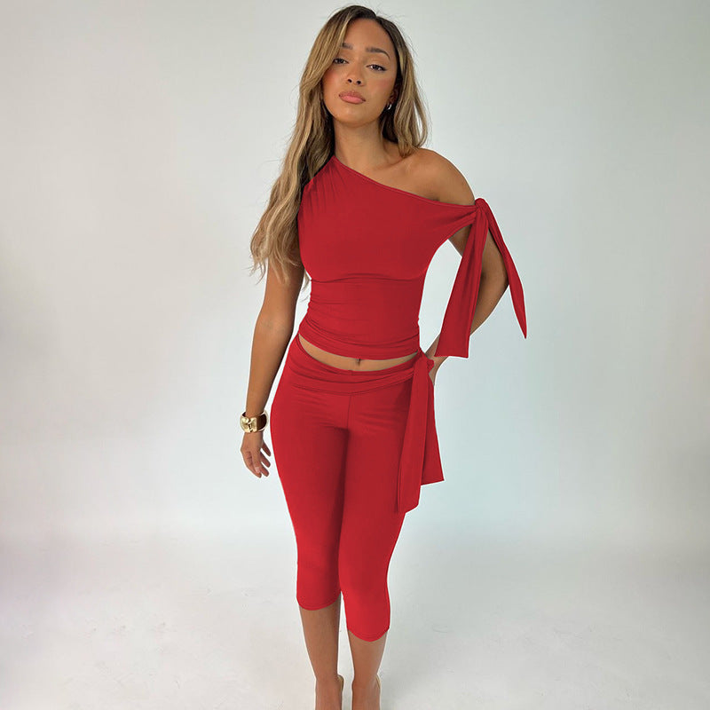 One Shoulder Tie Crop Top ＆ Capri Set