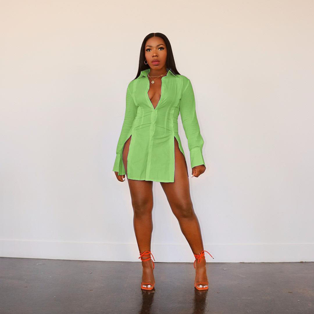 Deep Slit Button-Down Shirt Mini Dress