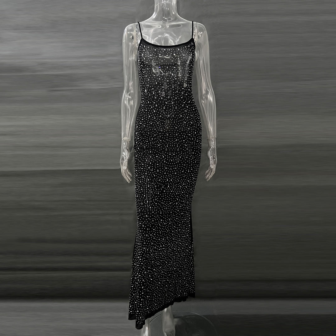 Rhinestone Sheer Mesh Maxi Dress