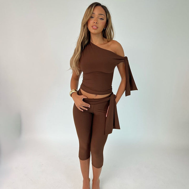 One Shoulder Tie Crop Top ＆ Capri Set
