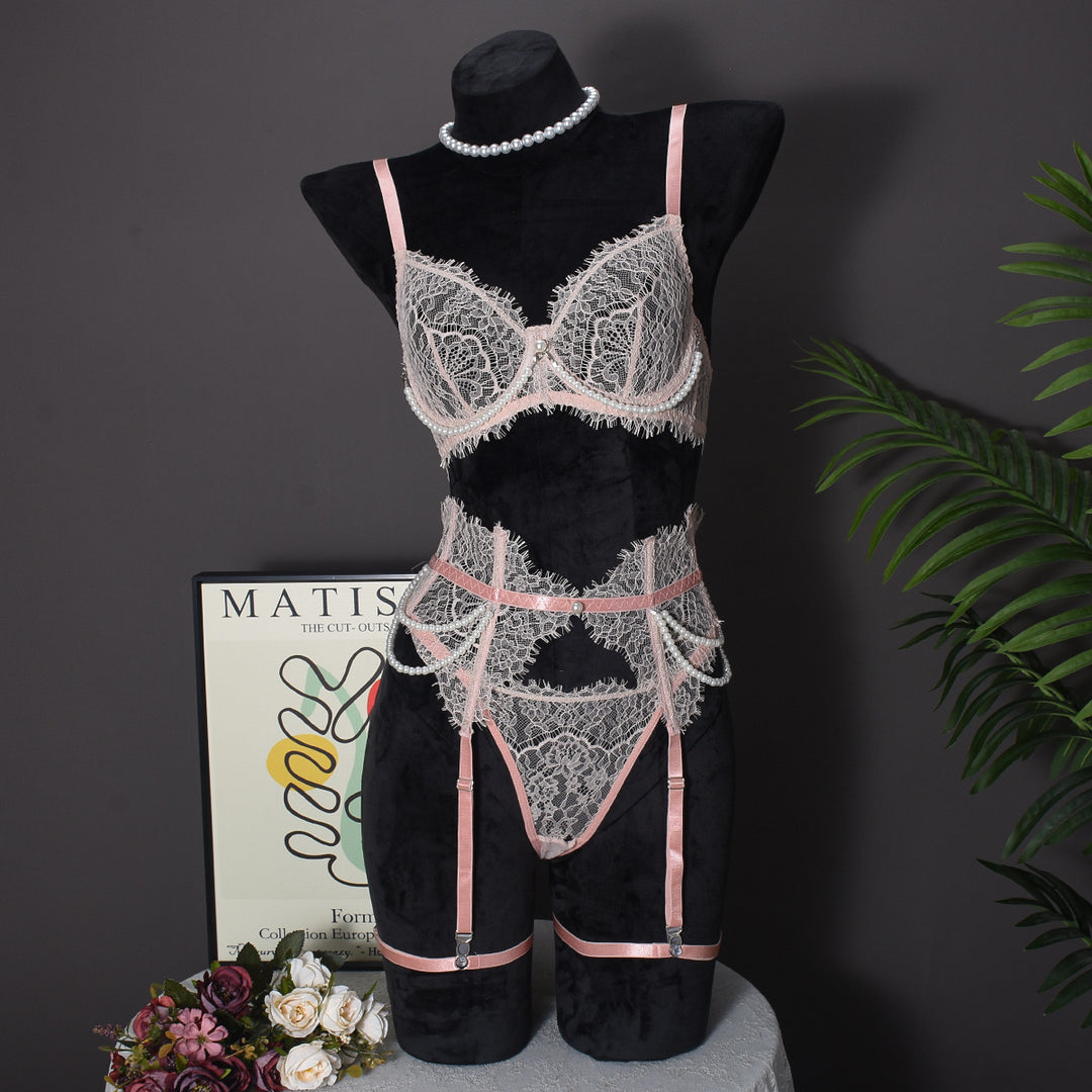 Pearl Lace Boned Corset Lingerie Set