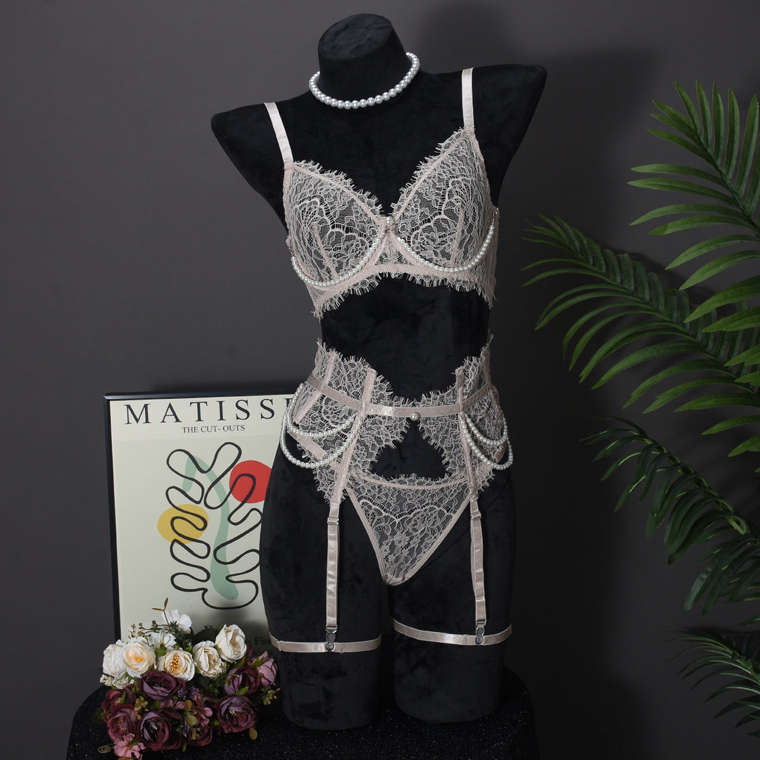 Pearl Lace Boned Corset Lingerie Set