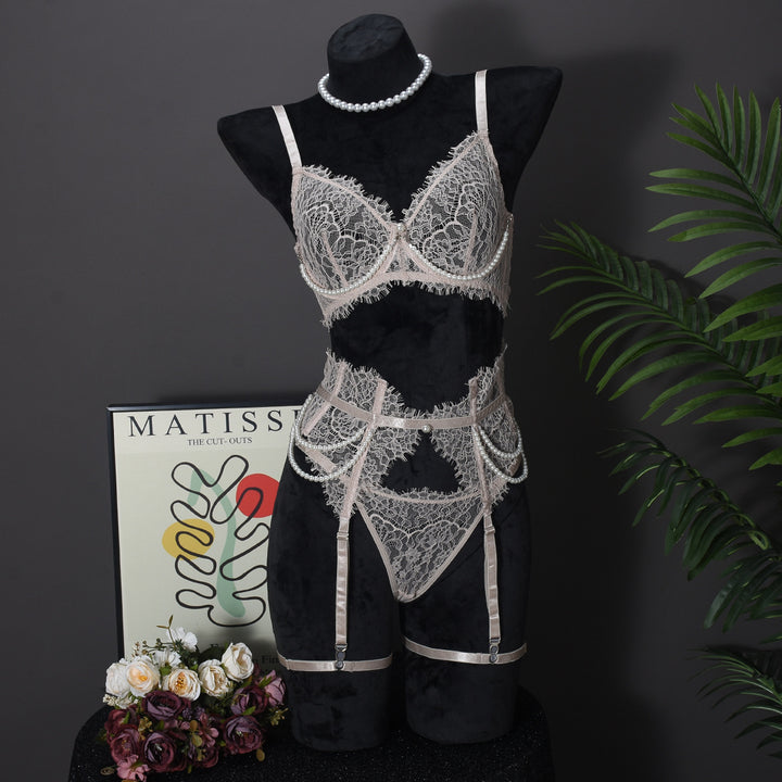 Pearl Lace Boned Corset Lingerie Set