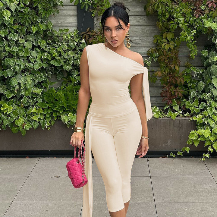 One Shoulder Tie Crop Top ＆ Capri Set