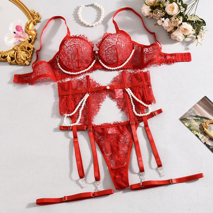 Pearl Lace Boned Corset Lingerie Set