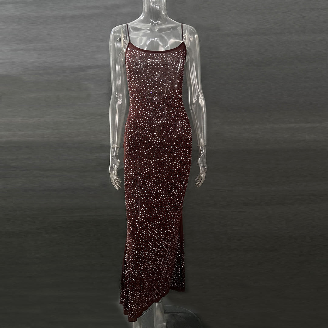 Rhinestone Sheer Mesh Maxi Dress
