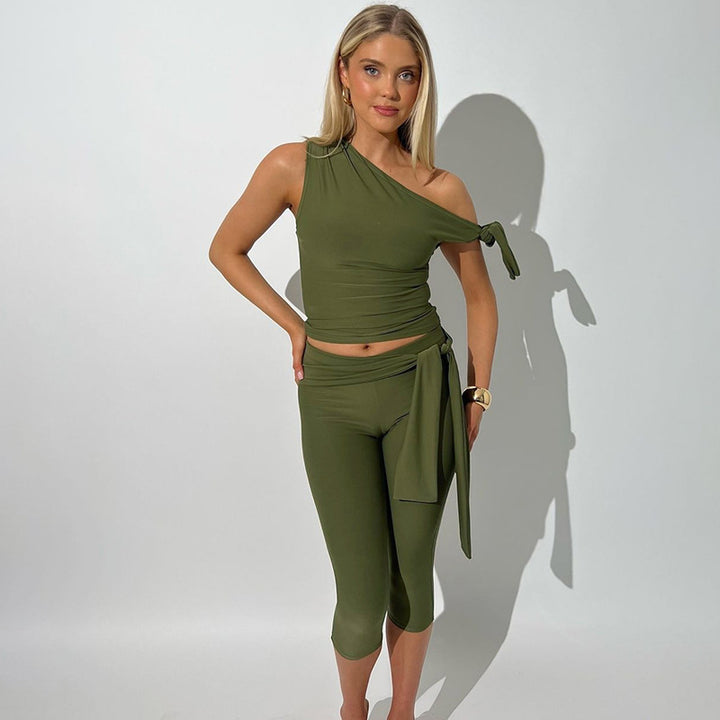 One Shoulder Tie Crop Top ＆ Capri Set