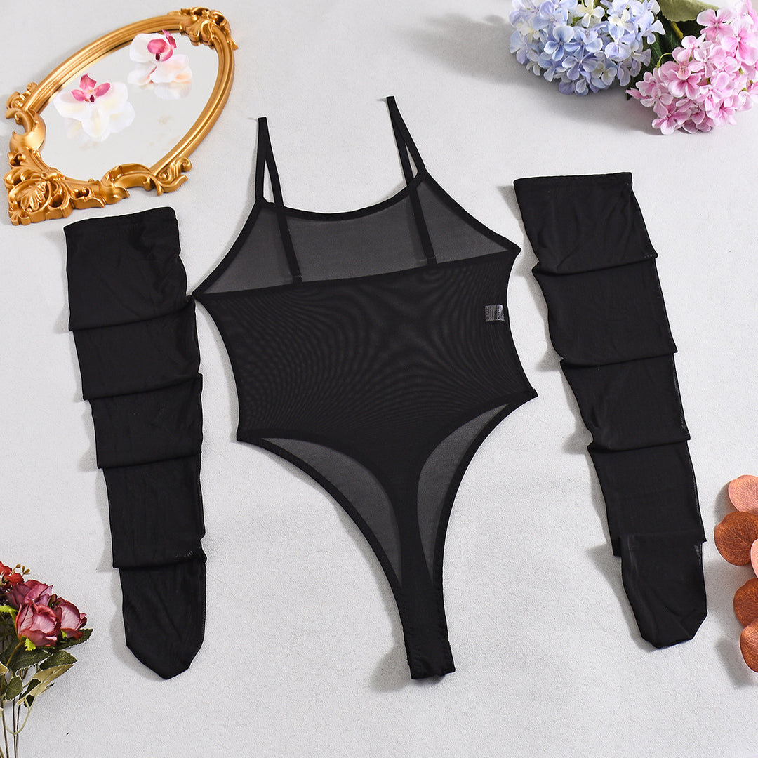 Sheer Mesh Bodysuit with Thigh High Stockings