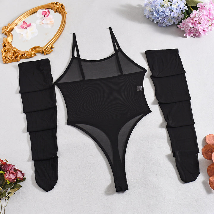 Sheer Mesh Bodysuit with Thigh High Stockings