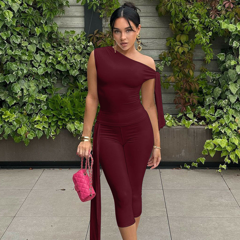 One Shoulder Tie Crop Top ＆ Capri Set
