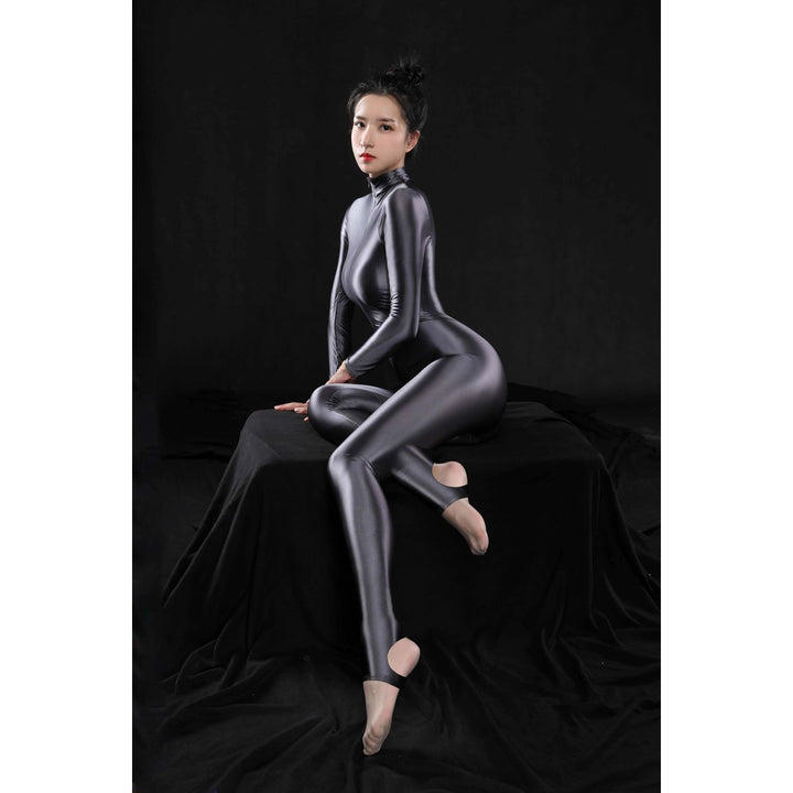 Shiny Zippered Long Sleeve Catsuit - Stirrup & Open Feet