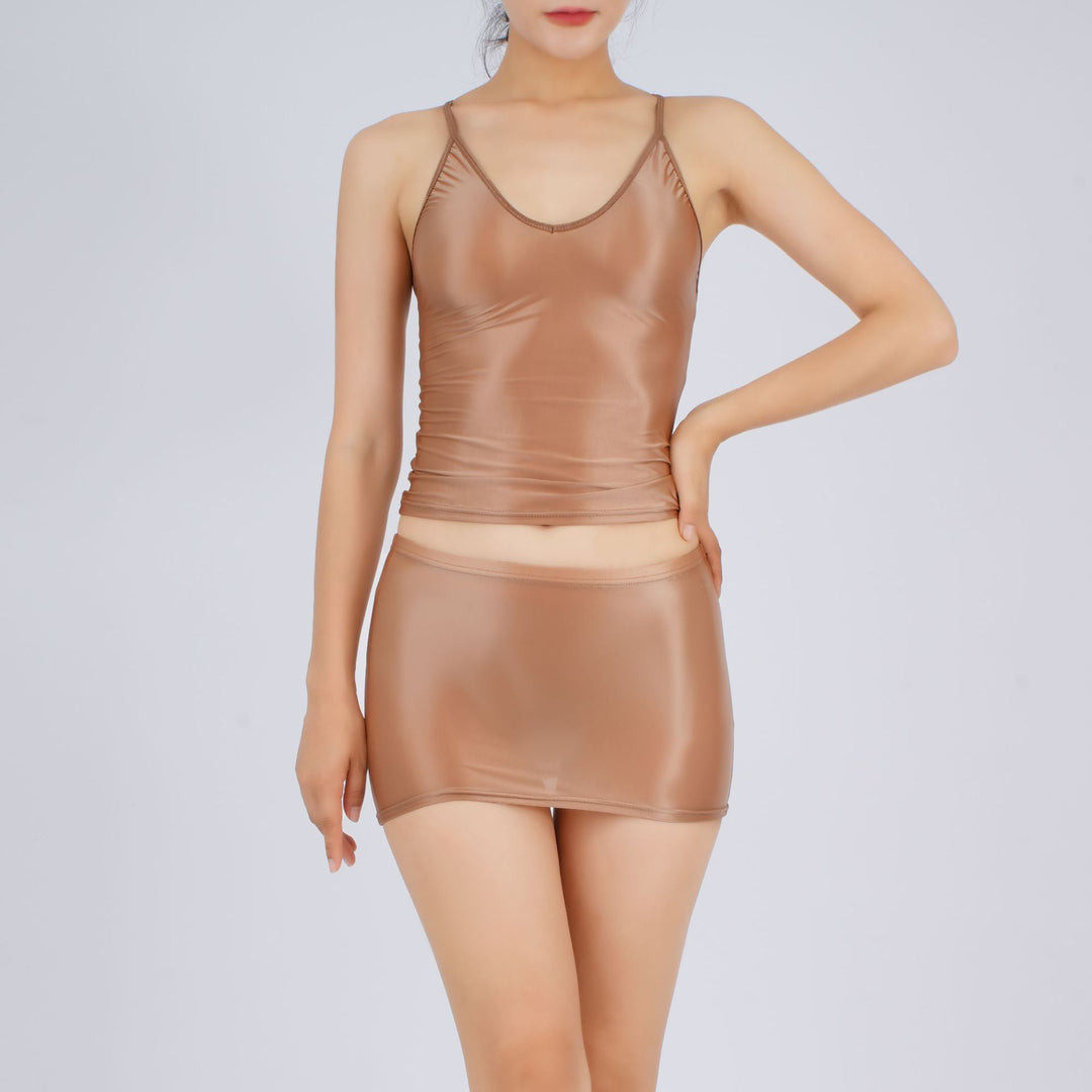 Glossy Stretch Crop Top Skirt Set