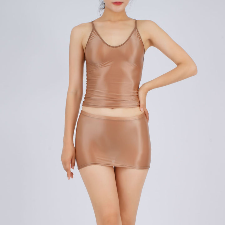 Glossy Stretch Crop Top Skirt Set