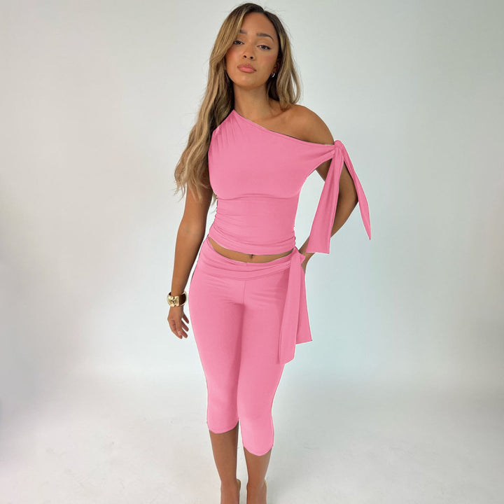 One Shoulder Tie Crop Top ＆ Capri Set