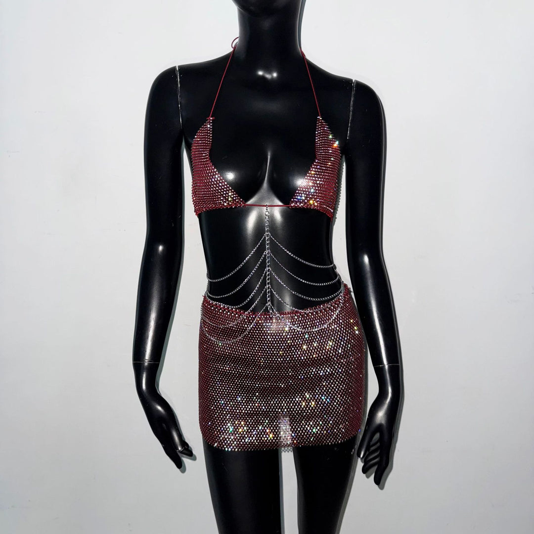 Rhinestone Mini Skirt Set