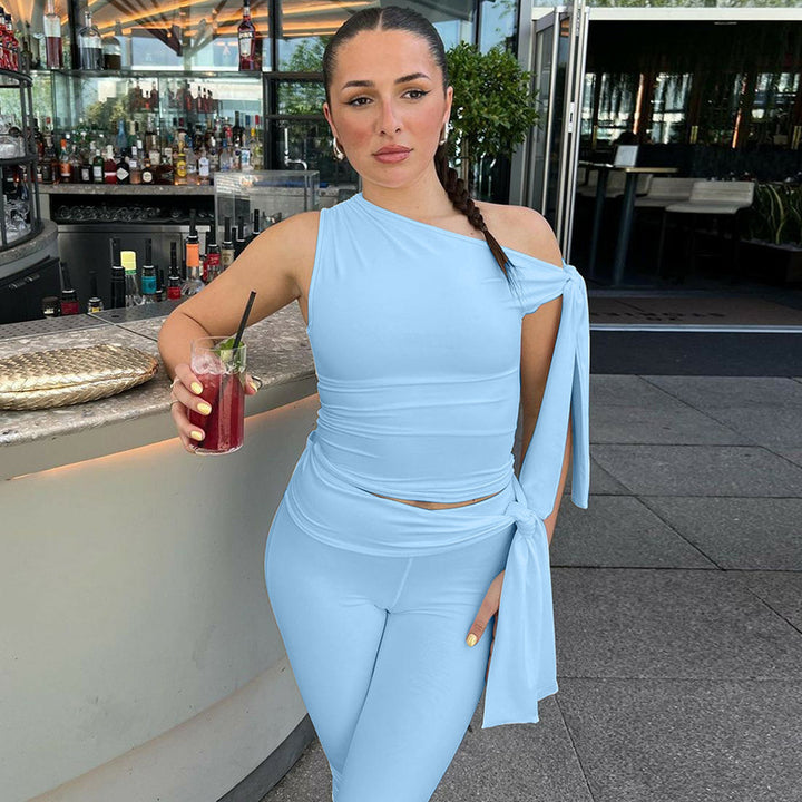 One Shoulder Tie Crop Top ＆ Capri Set