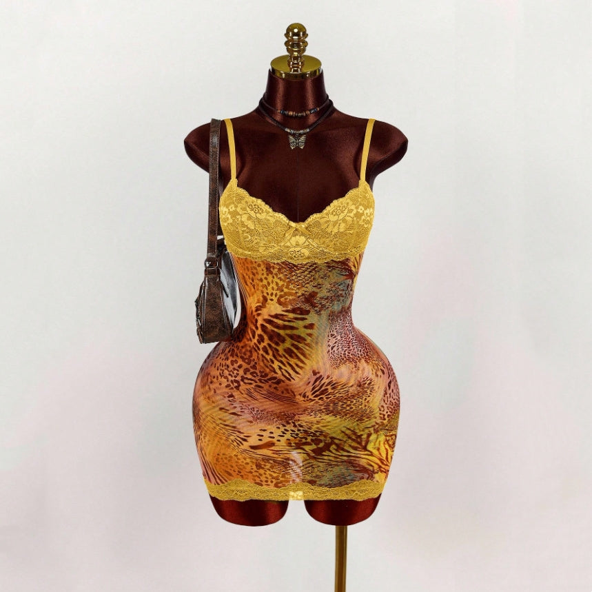 Leopard Lace Slip Mini Dress