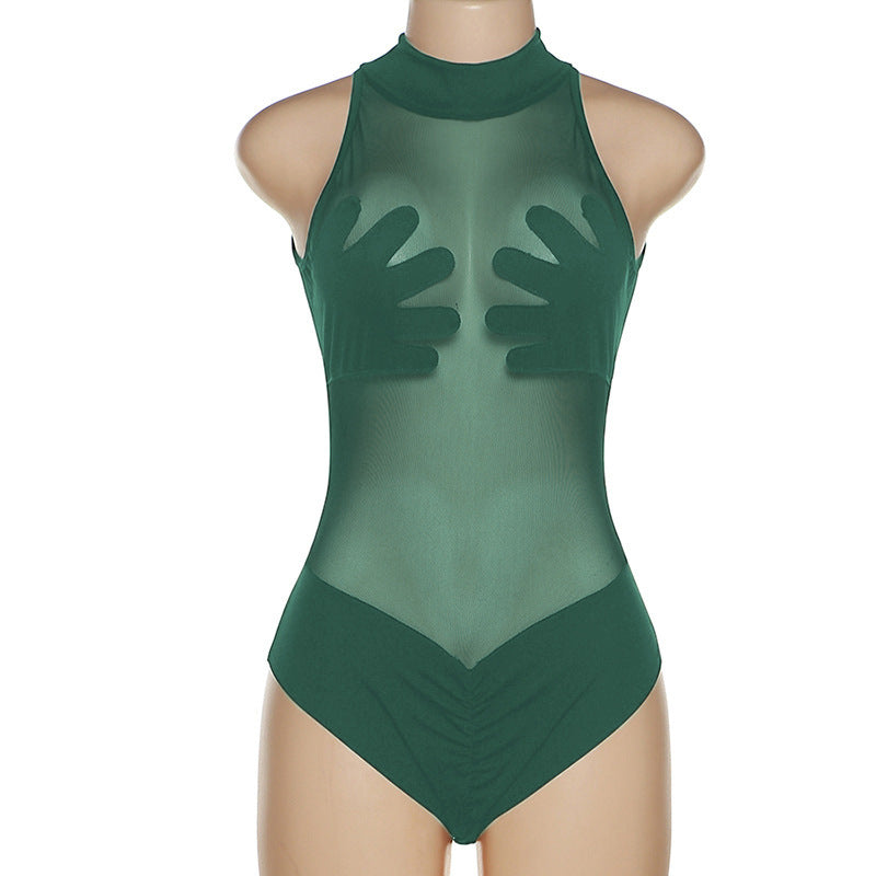 Sheer Mesh Bodysuit with Hand Print Design