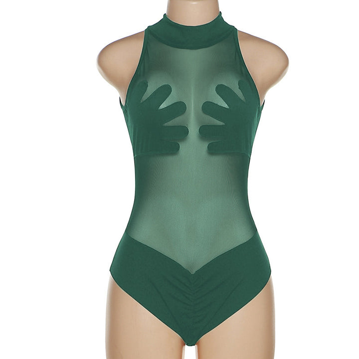 Sheer Mesh Bodysuit with Hand Print Design