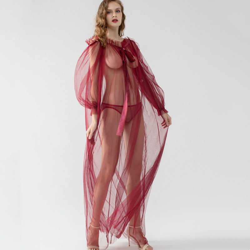 Sheer Mesh Bow Tie Babydoll Set