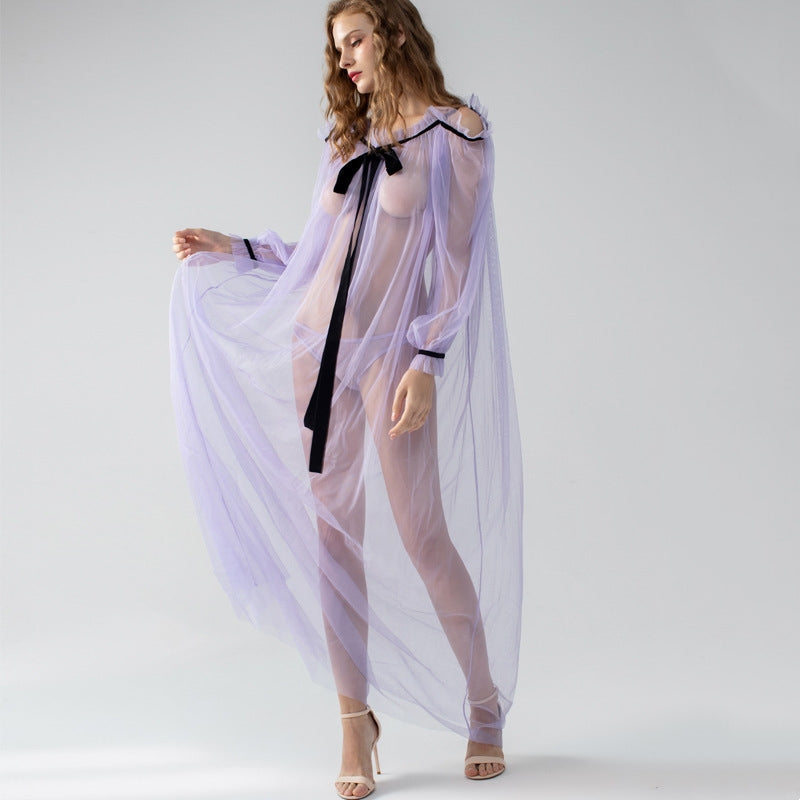 Sheer Mesh Bow Tie Babydoll Set
